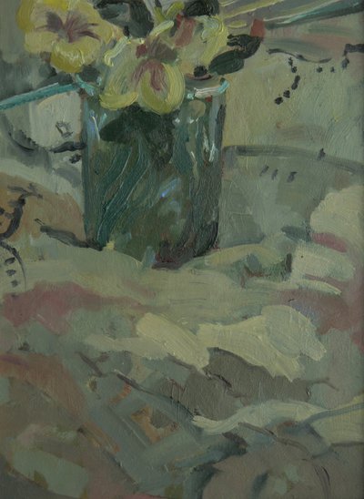 Yellow Flowers in Green Pot by Pat Maclaurin